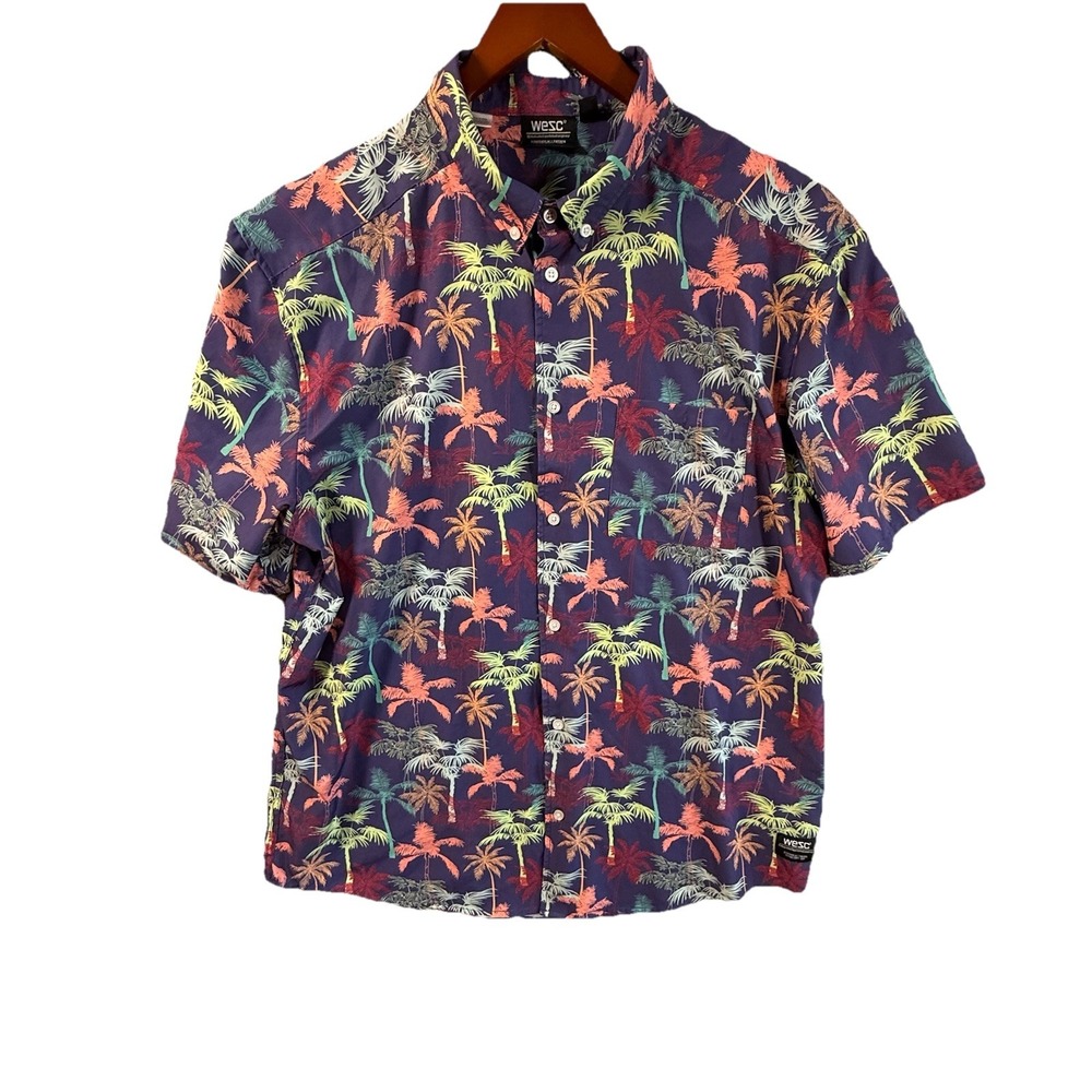 WESC Mens XXL Hawaiian Palm Tree Button Front‎ Short Sleeve Shirt Tropical